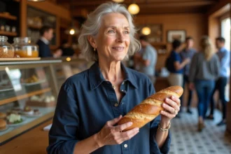 Femme tenant une baguette traditionnelle dans une boulangerie parisienne, illustrant le prix et la valeur d'une baguette artisanale