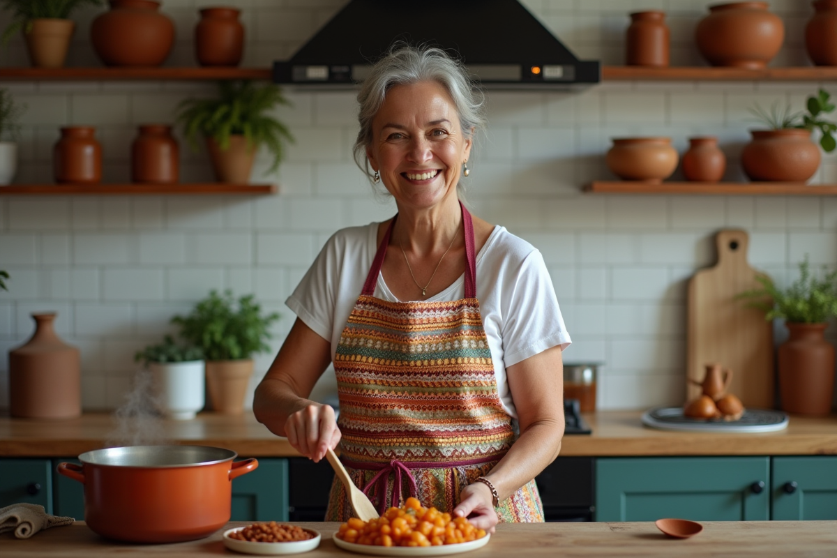 Femme brésilienne en tablier coloré préparant la feijoada dans la cuisine