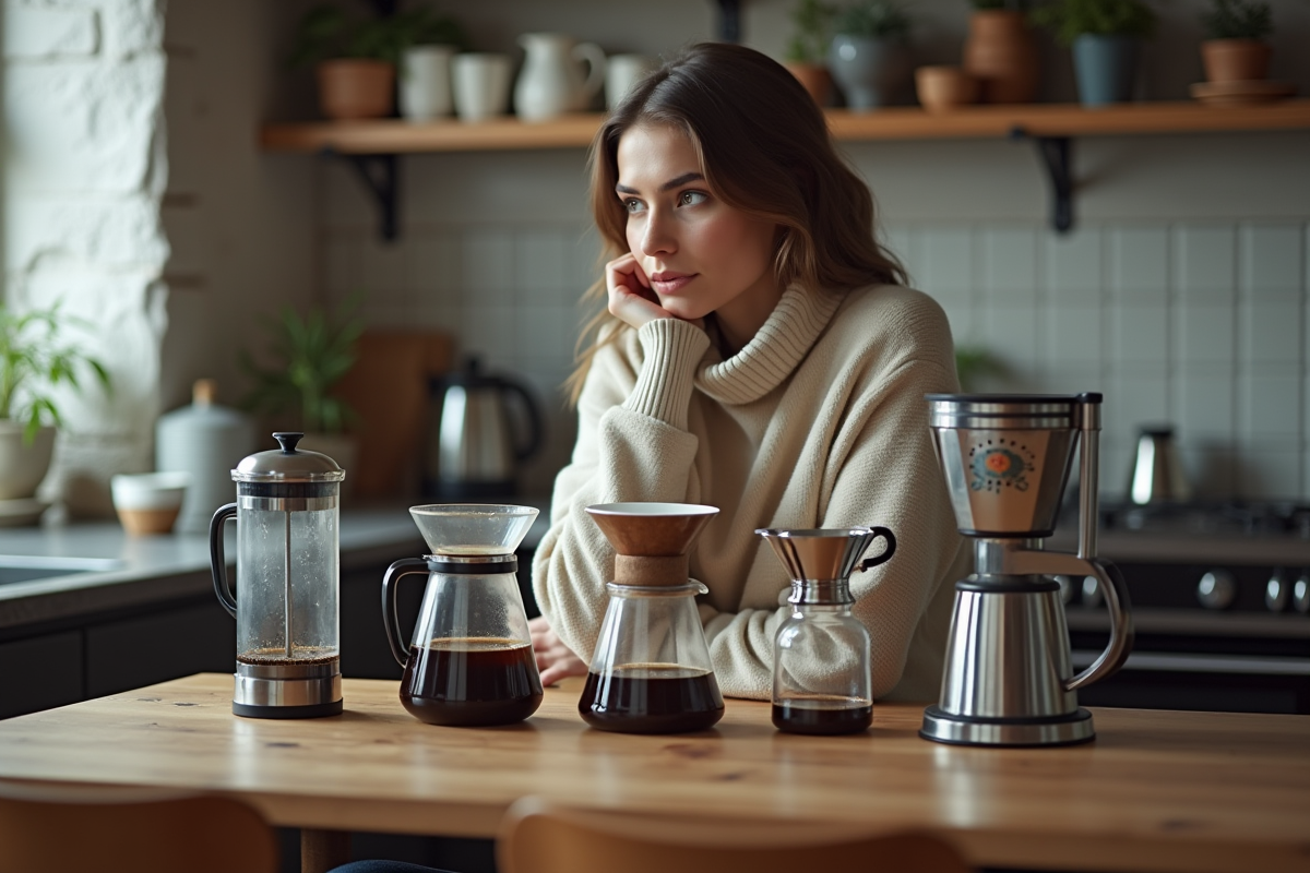 Jeune femme compare différents types de cafetières à la maison