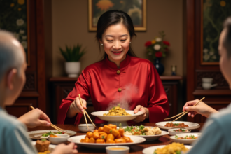 Femme chinoise en blouse rouge servant du tofu dans la famille