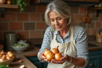 Femme comparant des oignons de différents calibres dans une cuisine rustique