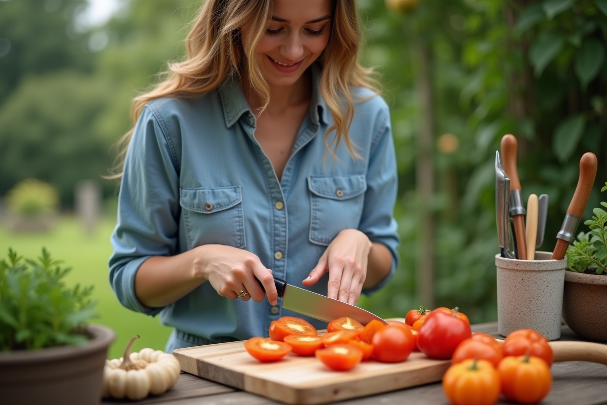 Jeune femme coupe des légumes avec un couteau de chef en extérieur