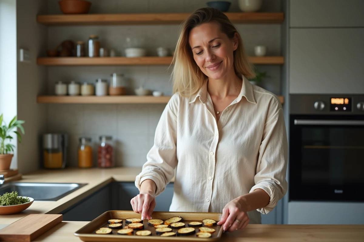 Femme arrangeant des aubergines rôties dans la cuisine