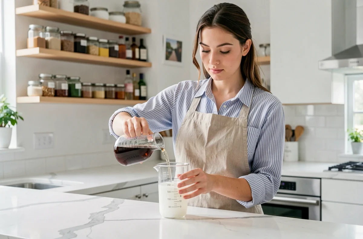 Femme versant 25 cl de liquide dans un pichet gradué dans une cuisine moderne