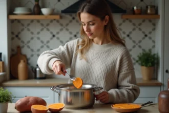 Femme en cuisine piquant une patate douce vapeur