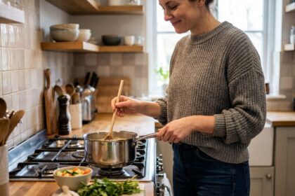 Femme en cuisine préparant un repas avec une casserole en inox