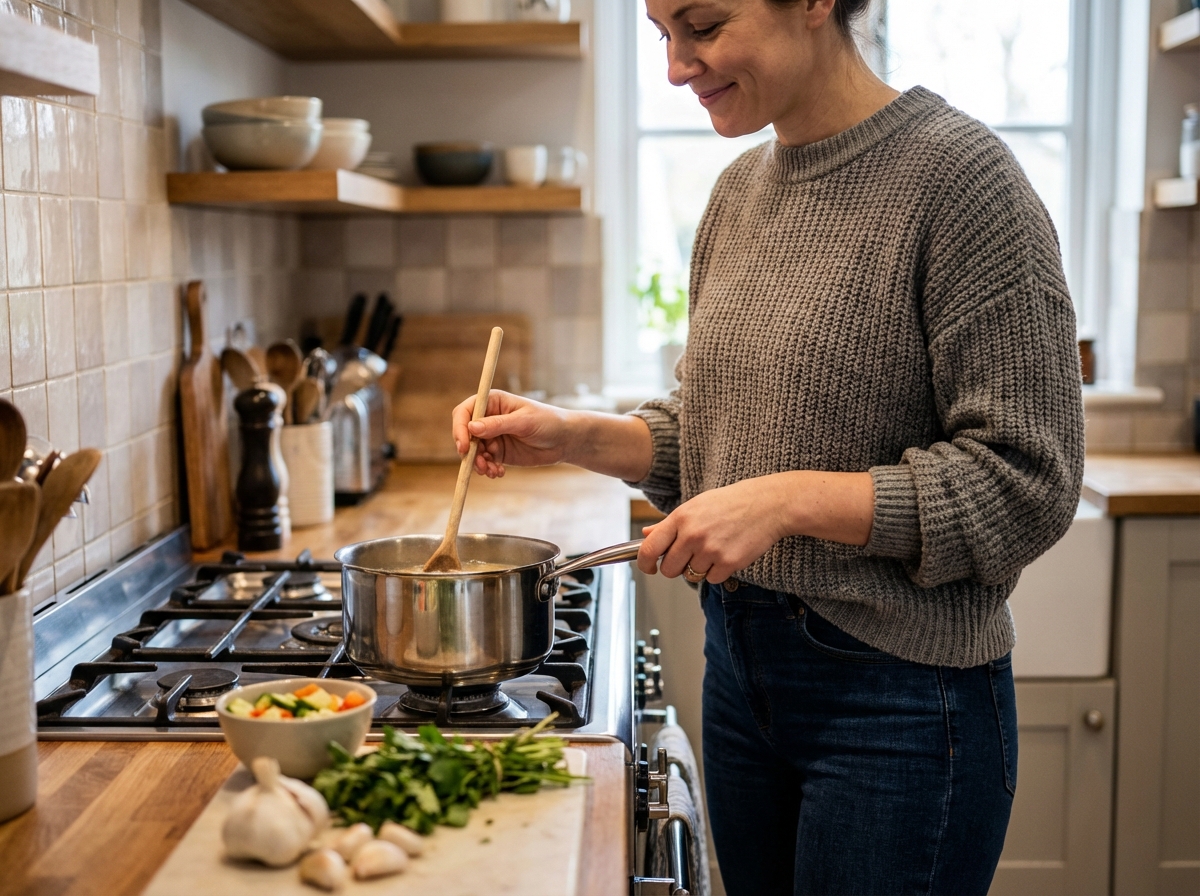 Femme en cuisine préparant un repas avec une casserole en inox