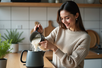 Femme versant du riz dans une bouilloire électrique moderne