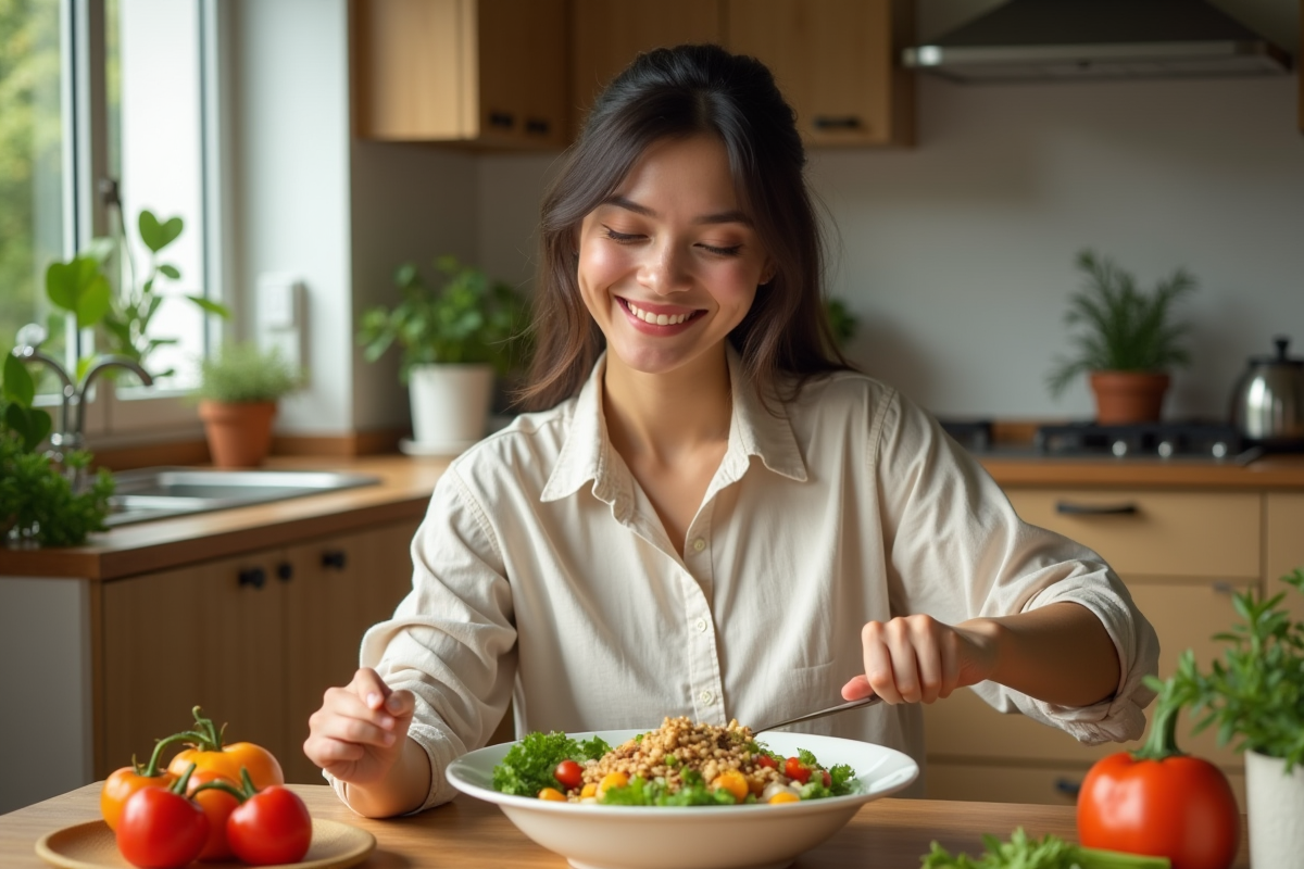 Jeune femme préparant une salade vegan dans la cuisine lumineuse