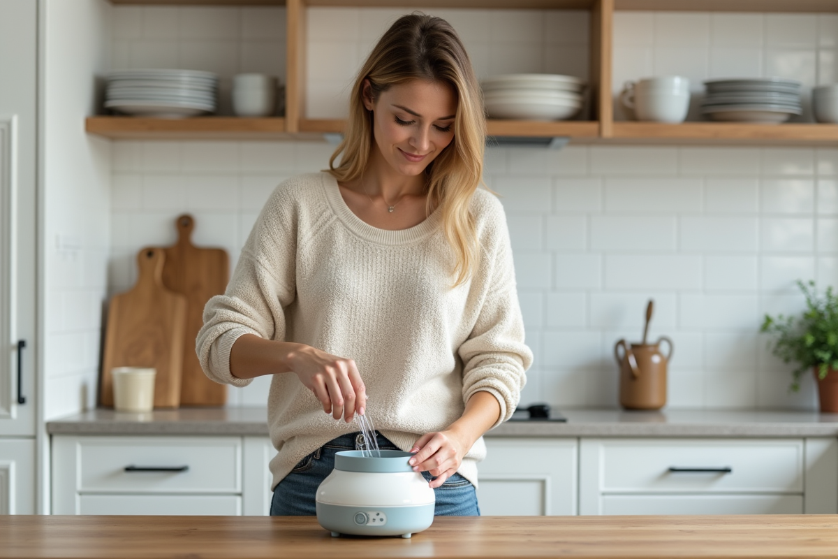 Femme versant de l'eau dans un cuiseur vapeur électrique dans la cuisine