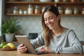 Femme souriante utilisant une tablette en cuisine pour recette sans gluten