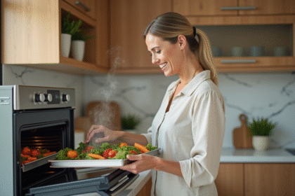 Femme en blouse en lin cuisine vapeur moderne