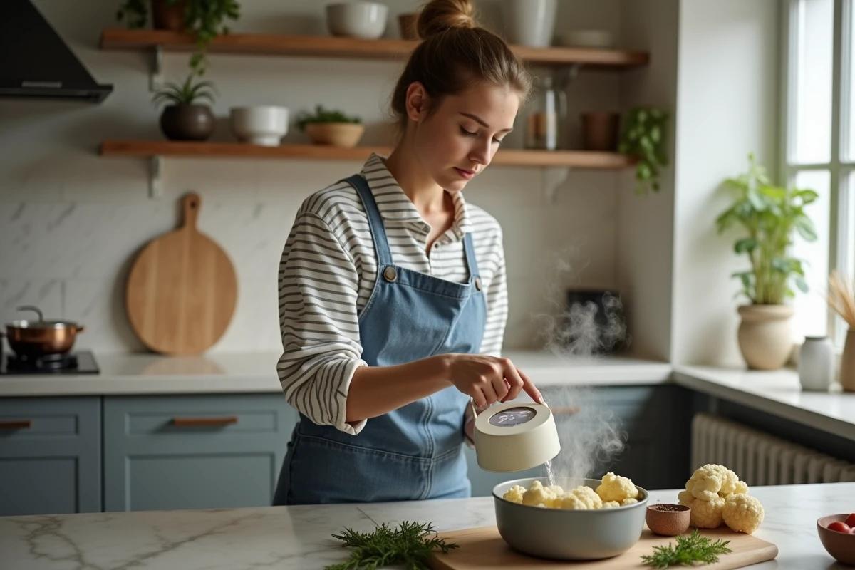 Jeune femme cuisinant avec un minuteur et du chou-fleur