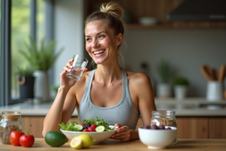 Femme souriante buvant de l'eau avec salade detox