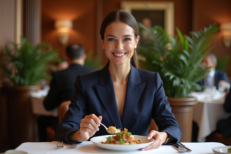 Femme élégante dégustant un plat dans un restaurant chic