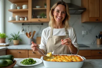 Femme en tablier servant un gratin de courgettes crémeux