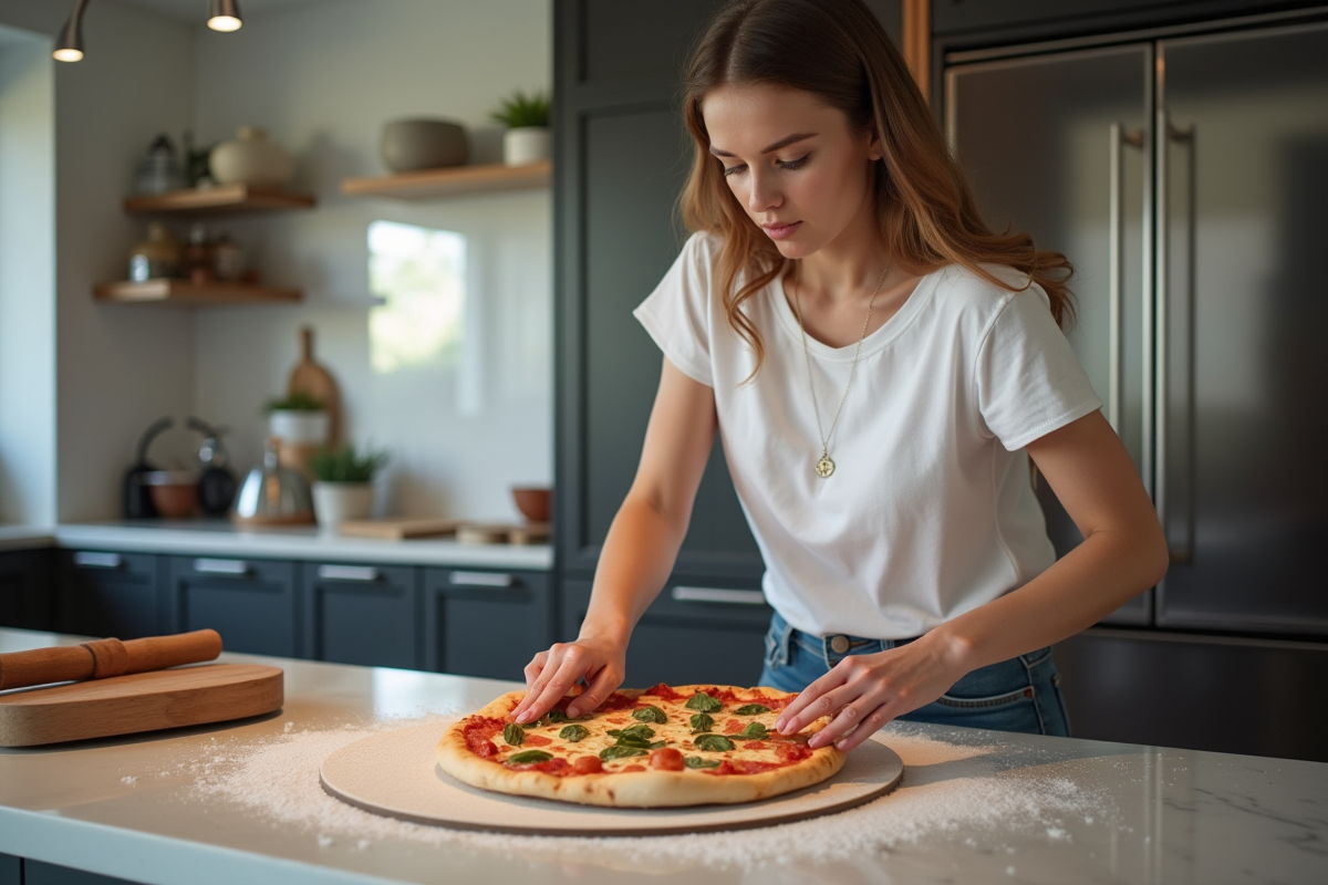 Femme glissant une pizza dans le four avec pierre à pizza
