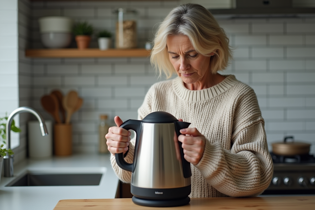 Femme vérifiant l'intérieur de sa bouilloire électrique en cuisine