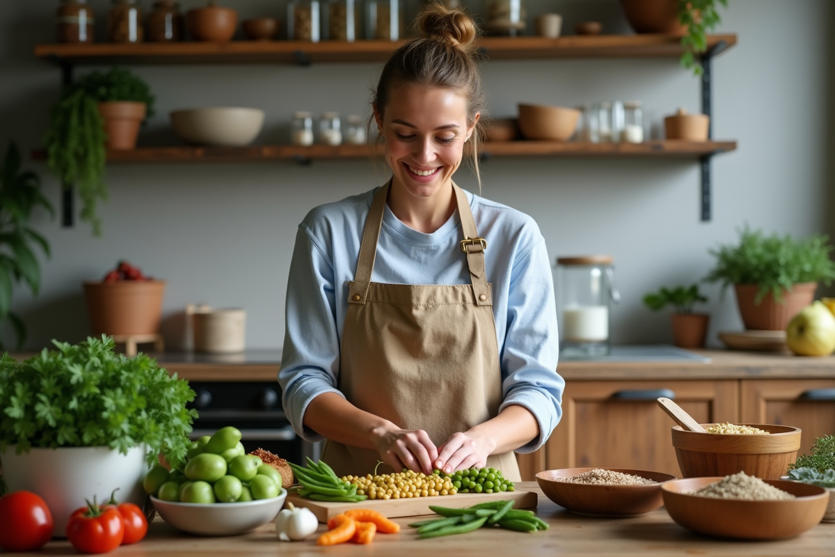 Femme souriante arrangeant des légumes riches en protéines