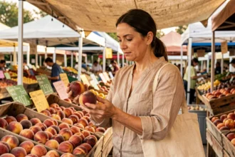Femme choisissant des pêches sur un marché de fruits et légumes en plein air, avec des cagettes en bois remplies de fruits de saison en arrière-plan