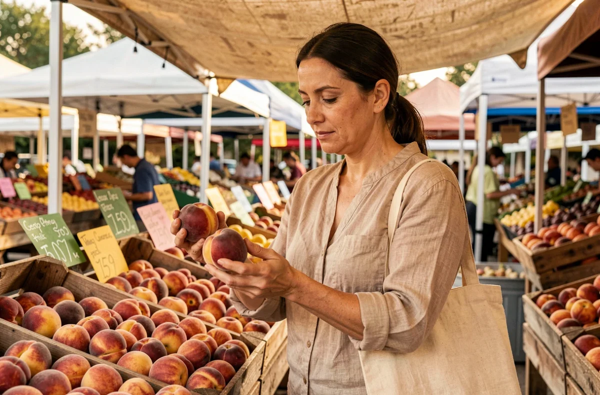 Femme choisissant des pêches sur un marché de fruits et légumes en plein air, avec des cagettes en bois remplies de fruits de saison en arrière-plan