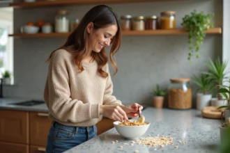 Femme souriante mélangeant flocons d'avoine et bananes dans une cuisine chaleureuse