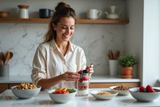 Femme souriante préparant un parfait aux fruits rouges