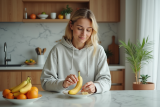 Femme en cuisine peeland une banane mûre