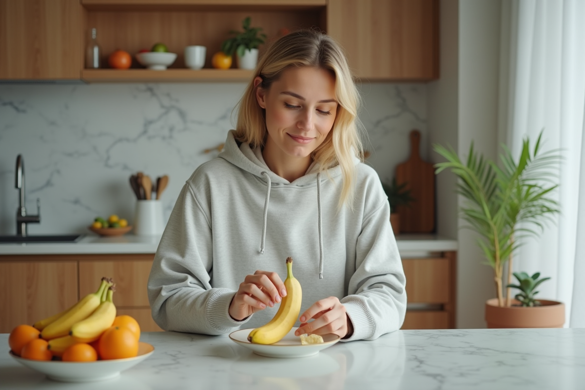 Femme en cuisine peeland une banane mûre