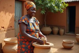 Femme ouest-africaine piochant du yam en extérieur