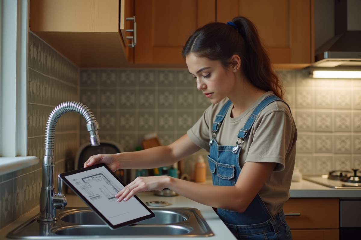 Jeune femme en overalls démonte un tuyau sous l