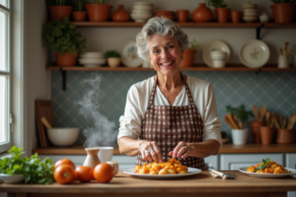 Femme portugaise souriante garnissant un plat de bacalhau à brás