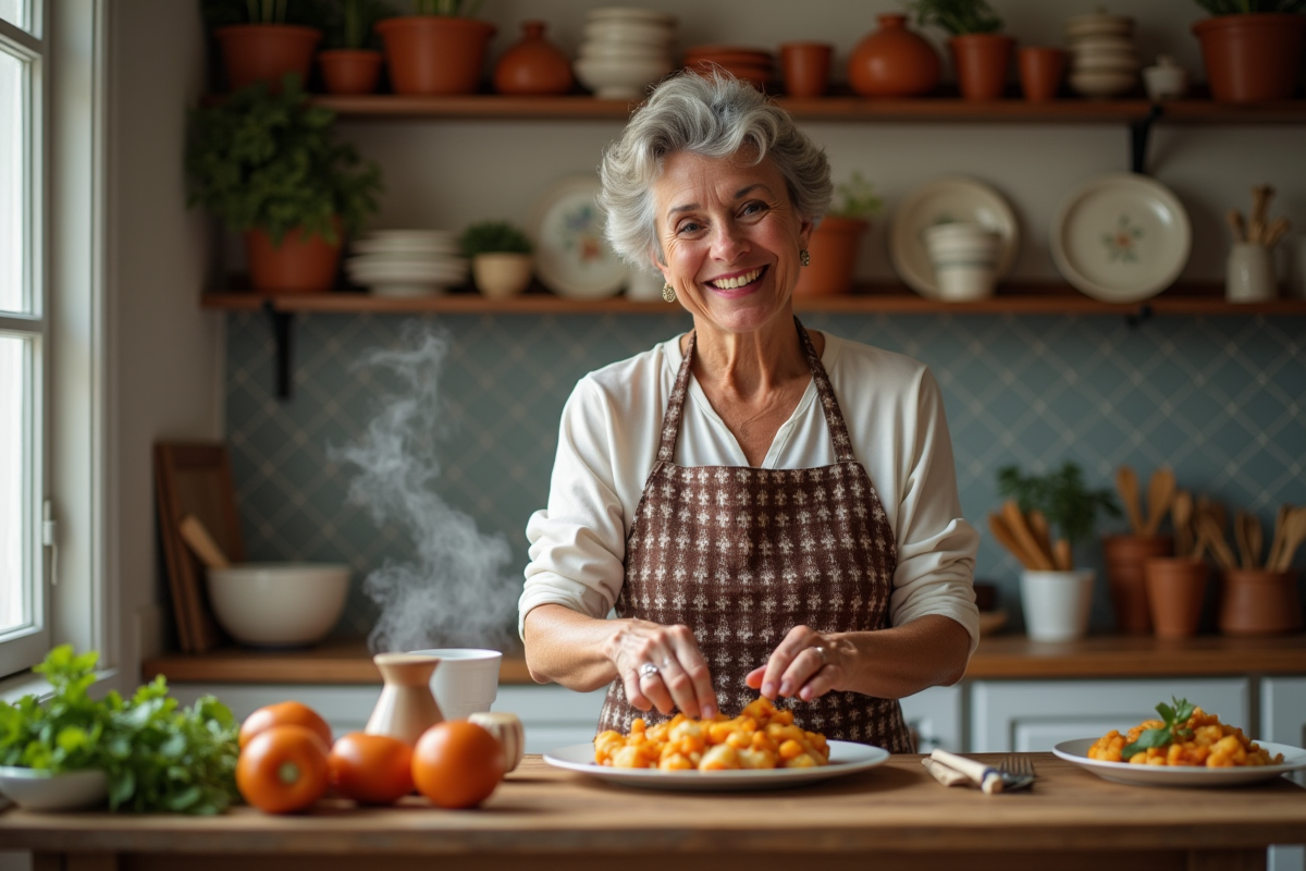 Femme portugaise souriante garnissant un plat de bacalhau à brás