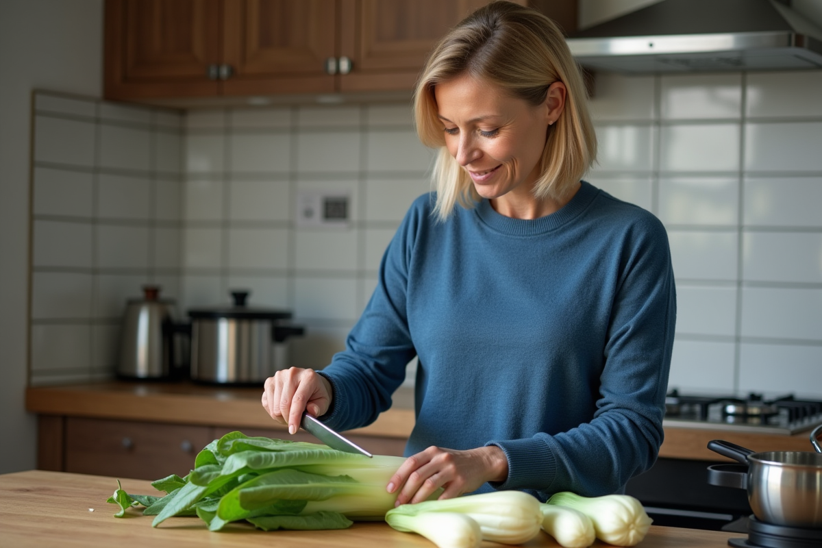 Femme en sweater bleu préparant des endives dans la cuisine
