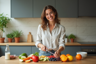 Femme souriante préparant une salade de fruits dans la cuisine