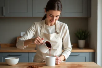 Femme versant une pâte au chocolat sans œuf dans un mug en céramique blanche pour préparer un mugcake fondant