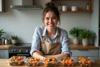 Jeune femme préparant des contenants de légumes cuits dans la cuisine