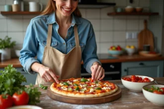 Femme en cuisine préparant une pizza colorée
