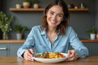 Femme souriante préparant un repas équilibré à la maison