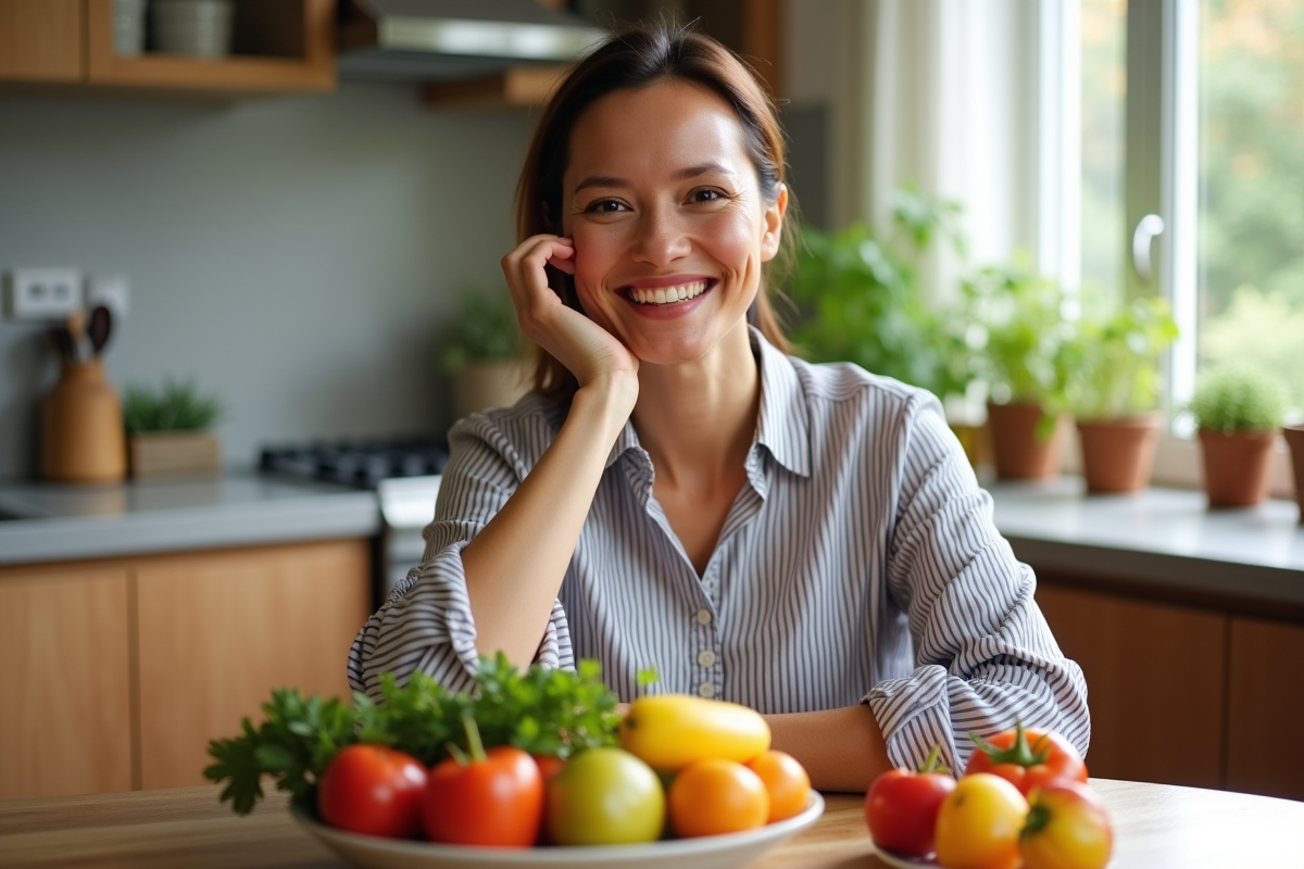 Femme souriante dégustant fruits et légumes frais dans une cuisine lumineuse