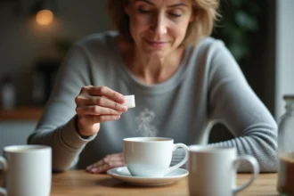 Femme d'âge moyen tenant un cube de sucre au café