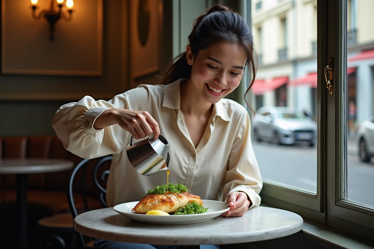 Jeune femme versant une sauce sur un poisson en papillote à la fenêtre parisienne