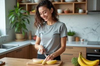 Femme en cuisine coupant des bananes fraîches