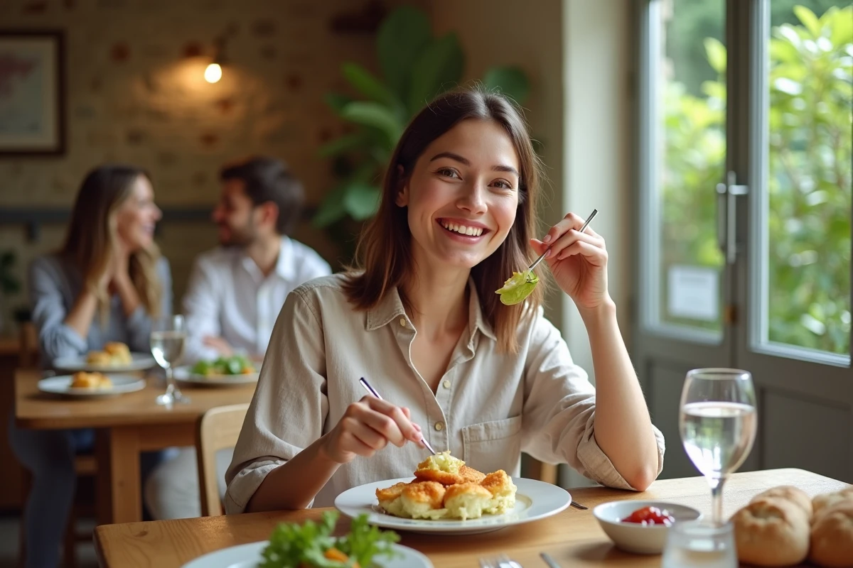 Jeune femme souriante dégustant choux farcis en repas convivial