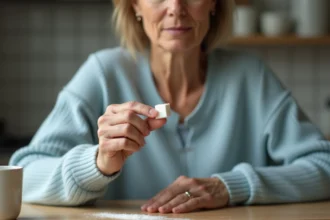 Femme d'âge moyen tenant un sucre blanc dans une cuisine chaleureuse