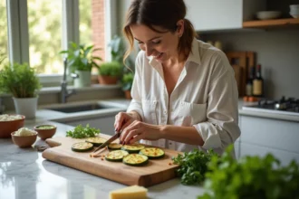 Femme en cuisine tranchant des courgettes grillées
