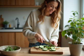 Jeune femme coupant du concombre dans une cuisine chaleureuse