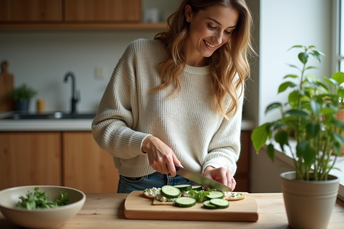 Jeune femme coupant du concombre dans une cuisine chaleureuse