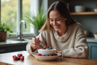 Femme mangeant un bol de yogourt grec aux fruits