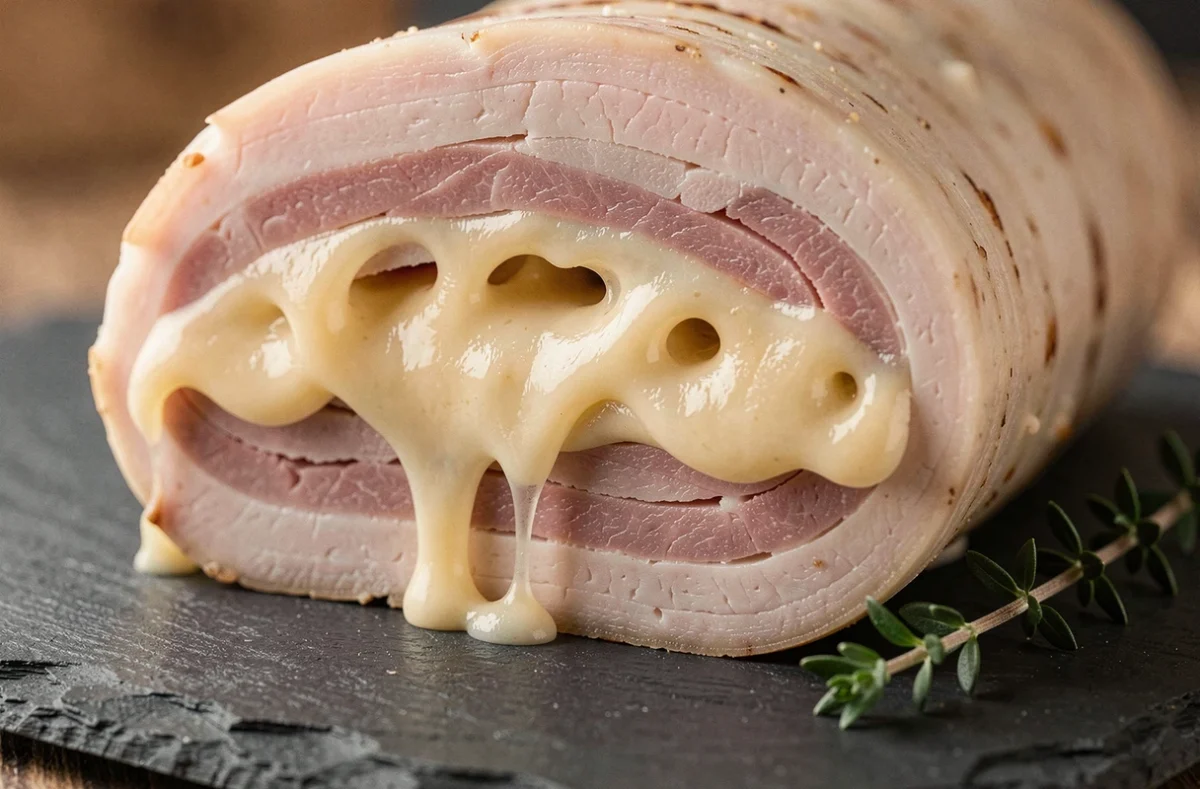 Coupe transversale du filet mignon orloff montrant les couches de jambon et fromage fondu